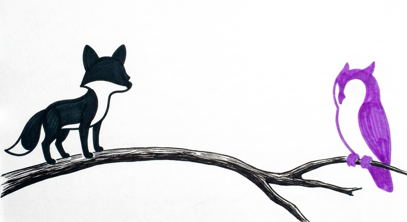 A black fox and a purple owl standing at opposite ends of the same branch, facing each other